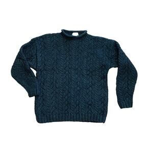 Nomadic Traders Berkeley CA 100% Wool Roll Neck Sweater Large Chunky Knit Teal